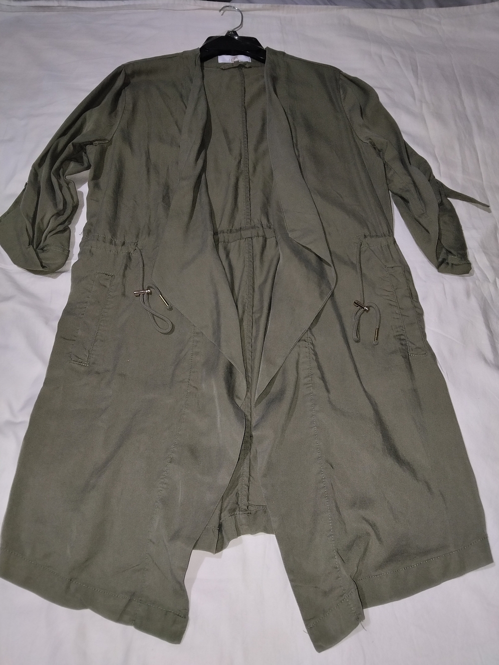 Olive Open-Front Drawstring Trench Coat